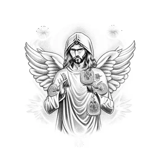 Saint Judas Full Body Cloudy Background Angels Flying In Background