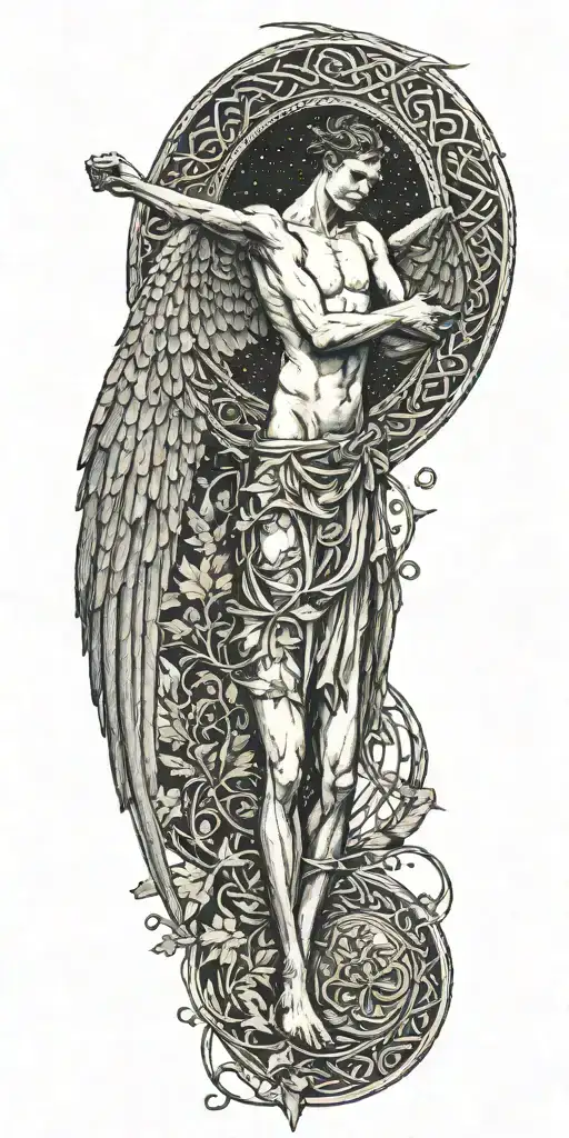 Skinny Lucifer Franz Von Stuck With Wings Surrounded By Celtic Leaves