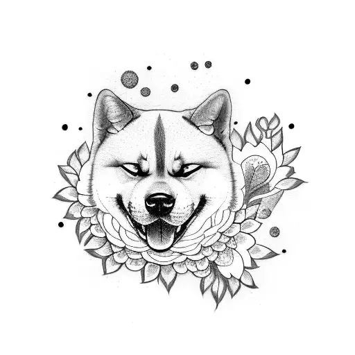 A Minimalist Tattoo Of An Akita Inu Surrounded By Blooming Flowers As A Symbol Of Nature's Beauty