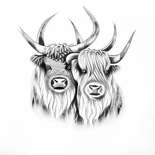 A Dotwork Tattoo Of Two Highland Cows Cuddling Under A Rainbow
