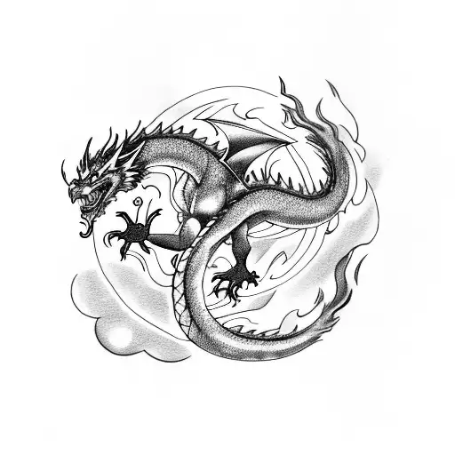 Dragon Surrounded By Fire And Lightning Covering Entire Arm