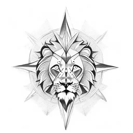 Realistic And Geometric Lion And Compass Tattoo On Forearm