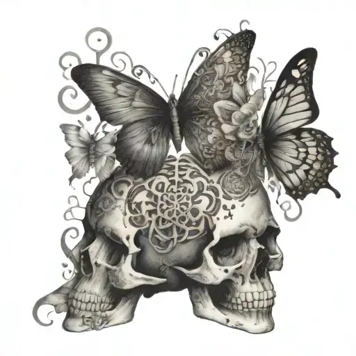 An Intricate Design Of Butterflies Forming A Skull Shape With Buddhist Symbols Incorporated