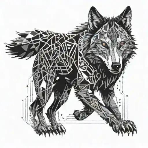 A Futuristic Cyber Wolf With Circuit Patterns And Geometric Shapes Incorporated Into Its Design