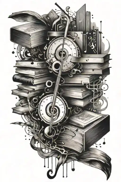 An Abstract Tattoo Representing The Harmony Between Music And Books With A Video Game Twist