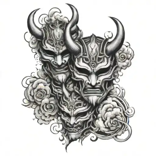 2 Oni Masks Staring At Each Other And It Will Be In Black And White Surrounded By Clouds