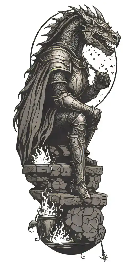 Medieval Knight Sitting By Camp Fire By The Ocean With Dragon And Castle In The Back With Sun In Sky