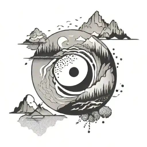 Karma Sign And Yin Yang With Mountain River Minimilistic Style