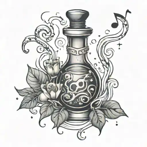 A Mystical Tattoo Of A Magical Potion Bottle With Music Notes And Spell Ingredients