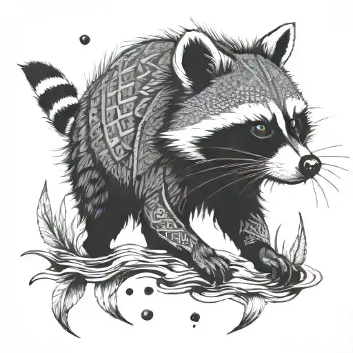A Tribal-inspired Raccoon Fishing In A Prehistoric Jungle