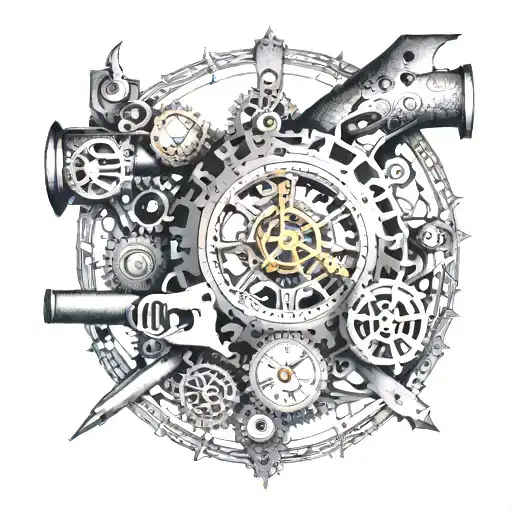 An Intricate Clock Mechanism Intertwined With Gun Parts