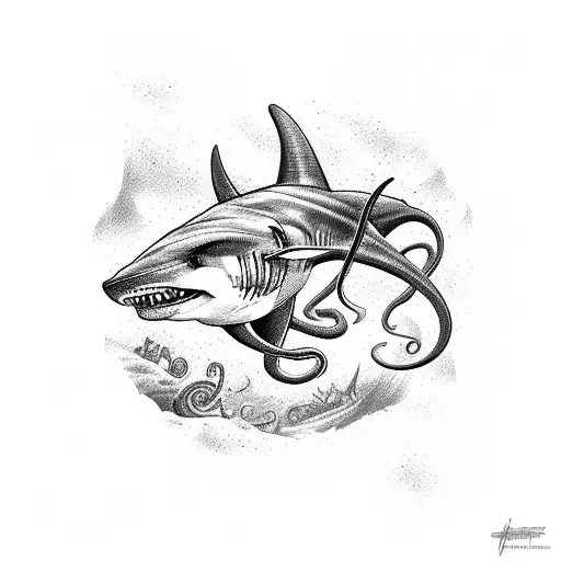 Marine Scene With Squid And Hammerhead Shark