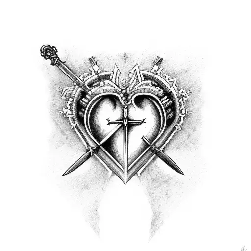Gothic Style Cross Sword Stabbed Through A Anatomical Heart