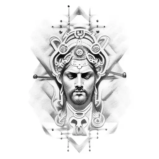 A Dotwork Tattoo Of A Greek God With Roman Numerals Representing Their Strength