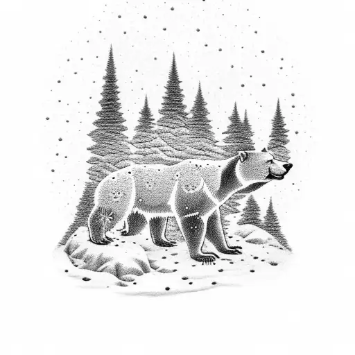 A Tattoo Depicting A Snow-covered Forest With Constellations Forming The Shape Of A Bear