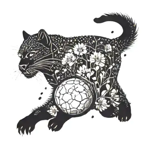 Surrounded By Dandelions There Is A Black Panther Playing A Football Shape Guitar