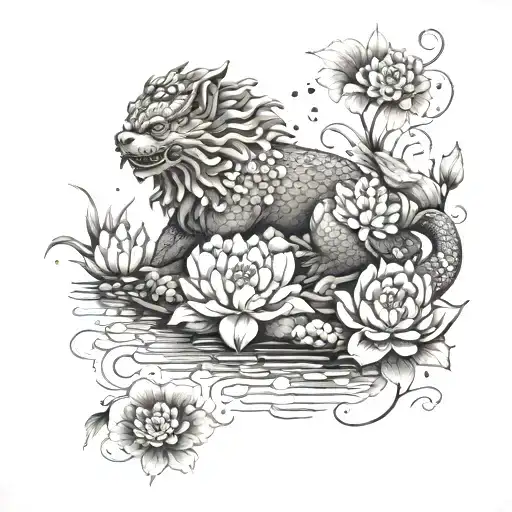 A Foo Dog Guarding A Pond Filled With Lotus Flowers And Koi Fish