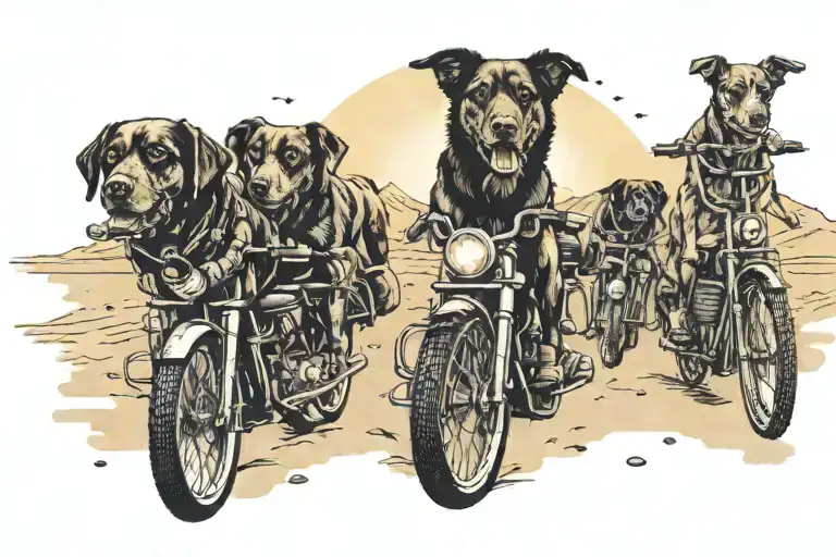 A Pack Of Dogs Leading A Convoy Of Cruiser Bikes Through A Desert Sunset