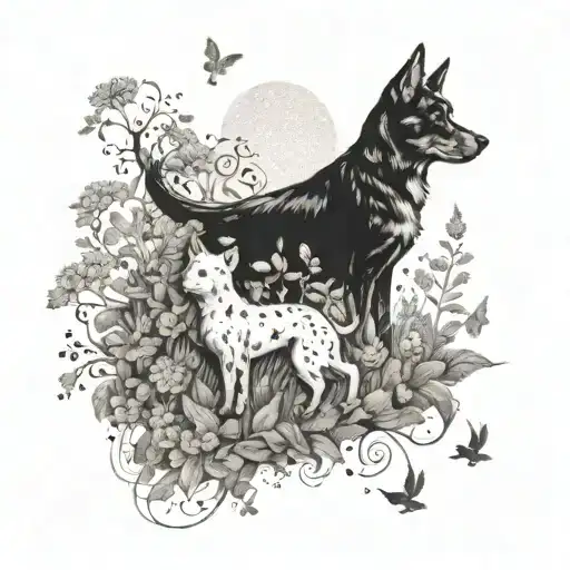 A Dotwork Tattoo Of A Whimsical Scene With A Dog And Cat Frolicking In A Garden Of Blooming Flowers