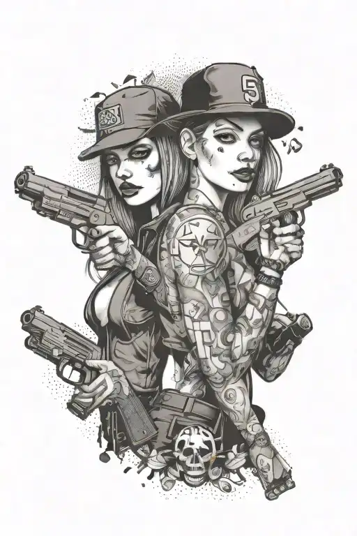 The Face Of A Girl Holding A Gun And Standing Next To A Hacker With A Lot Of Dollars