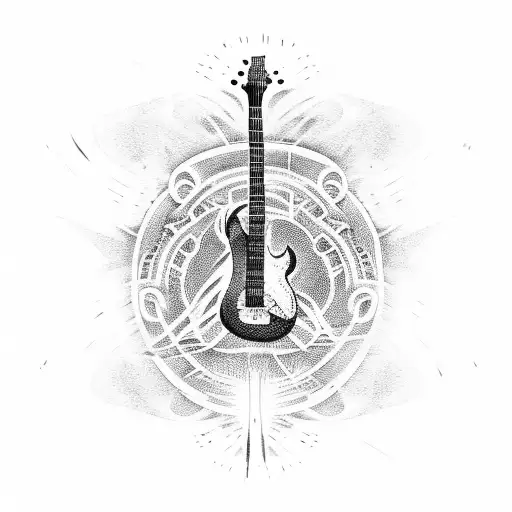 A Dotwork Tattoo Of A Heavy Metal Guitar With Flames Shooting Out From The Strings
