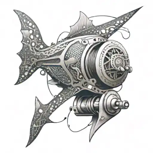 An Intricate Dotwork Design Of A Fishing Reel With A Shark Fin Incorporated Into The Design