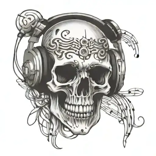 A Skull Wearing Headphones With Music Notes As The Teeth