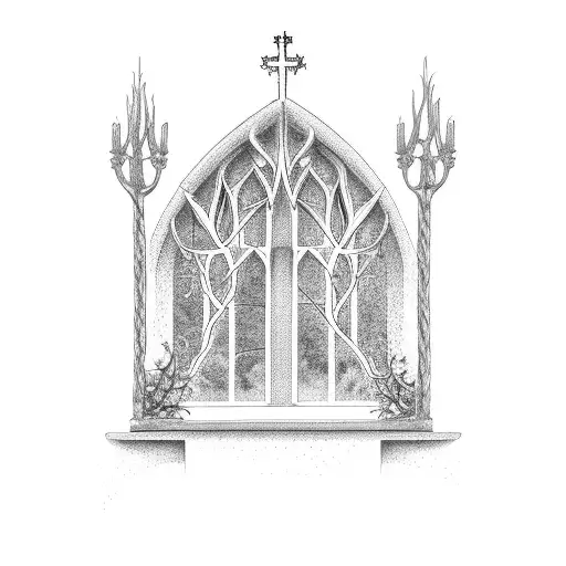 Gothic Church Window With Vines Covering It And A Candelabra Inside