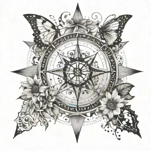 A Compass Rose Surrounded By Intricate Butterfly And Sunflower Patterns