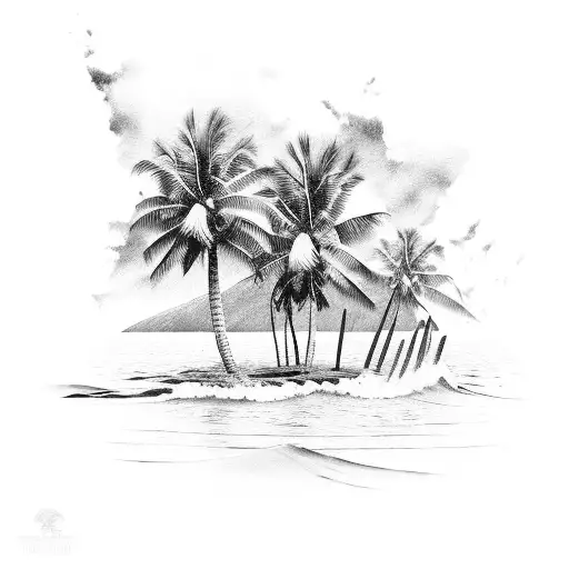 A Serene Beach Scene With Palm Trees And Crashing Waves