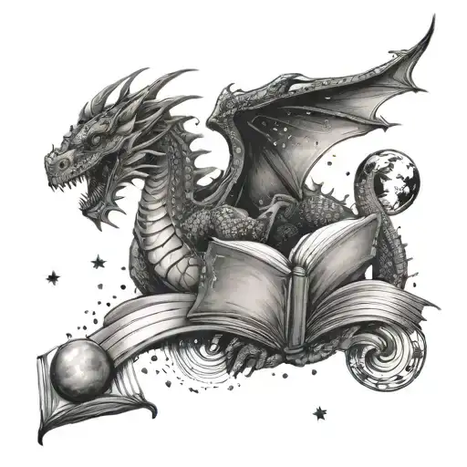 A Tattoo Of A Dragon Reading A Book Surrounded By Planets And Stars