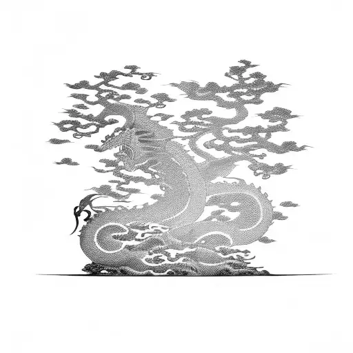 Bonsai Tree Wih A Dragon Flying Around It