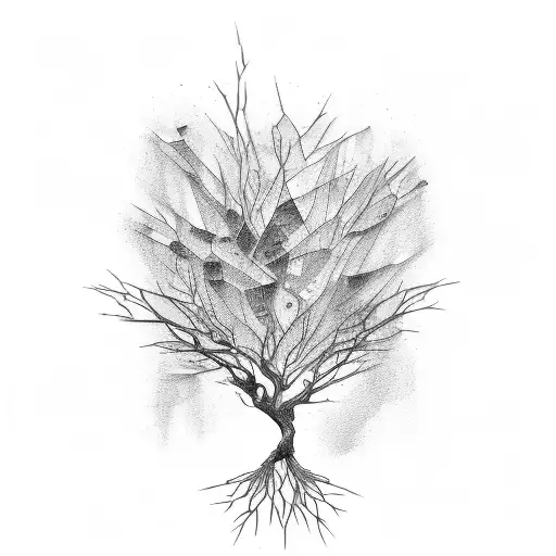 A Tree Branch Surrounded By Shattered Glass And Marbeling