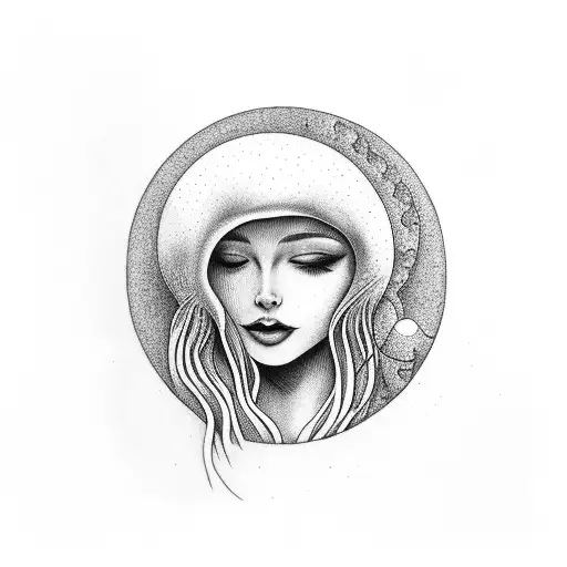 Nude Woman With Mushroom Cap For A Head Praying To The Smiling Moon