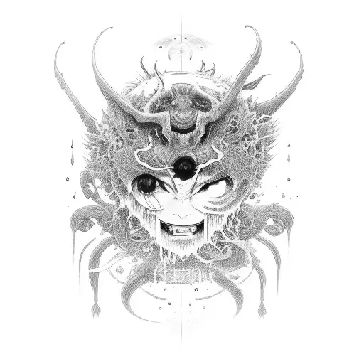 Sideways Japanese Demon Woman With Blood Coming Out Of Eyes