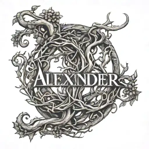 An Intricate Design Of Intertwining Branches And Roots Forming The Word 'Alexander'