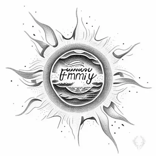 A Dotwork Design Of A Sun Setting Over The Ocean With 'Family Over Money' Written In Script