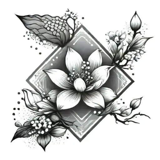 Cherry Blossom Tree With Lotus Flower In A Geometric Yakuza Style Pattern