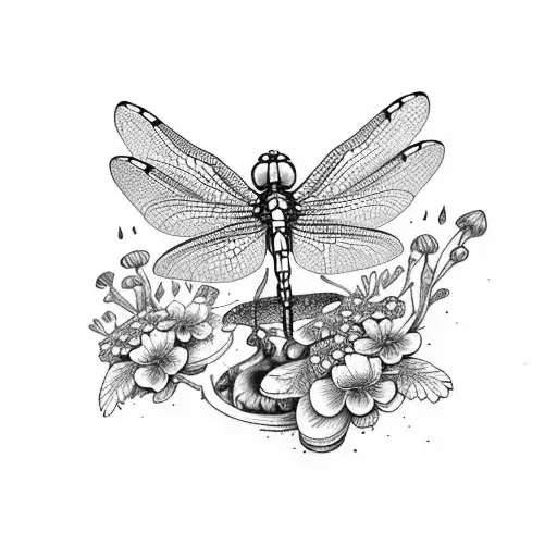 Dragonfly With Flowers And Mushrooms