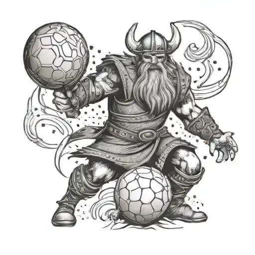 A Fierce Viking Warrior Battling A Chimborazo-inspired Monster With A Soccer Ball As His Weapon