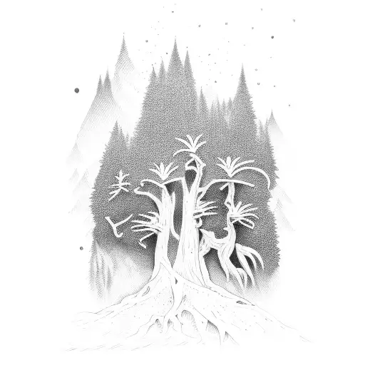 Redwood Tree And Upside-down Palm Tree Sharing Roots