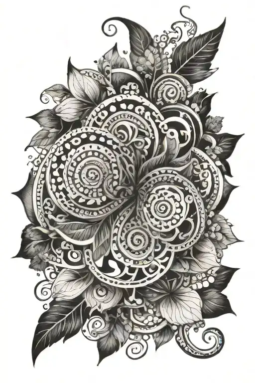 Create A Tattoo Featuring A Spiral Design Intertwined With Elements Of Nature And Mandala Motifs