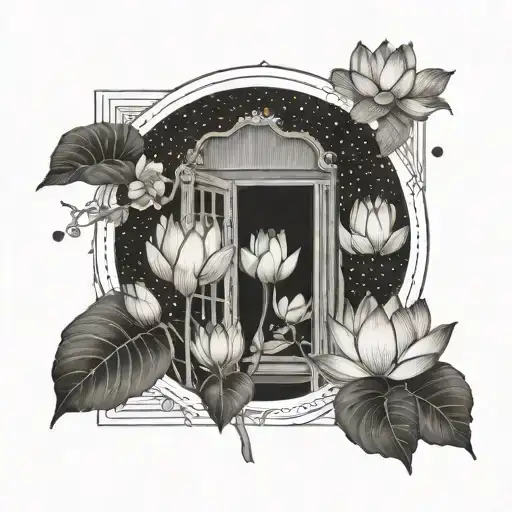 Open Door Framed With Lotus Flowers