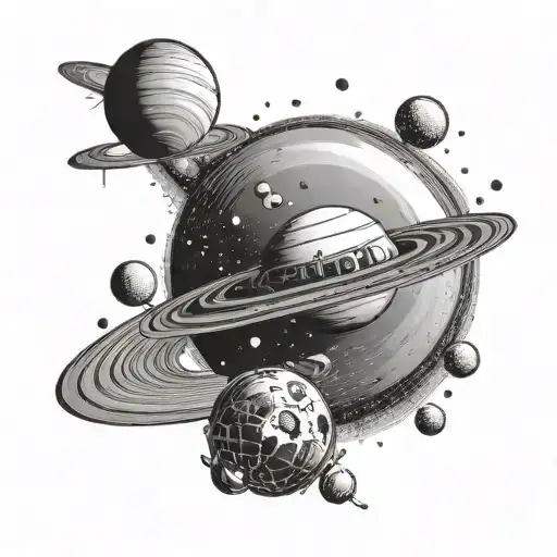 Saturn With Some Of Its Moons And A Small Space Shuttle Flying Towards It