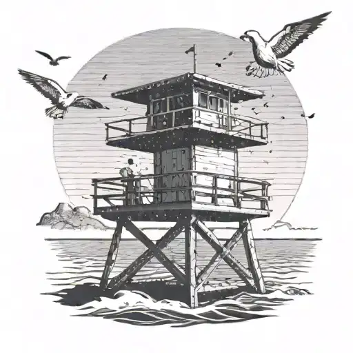 A Lifeguard Tower Overlooking A Calm Ocean With Seagulls Flying Overhead