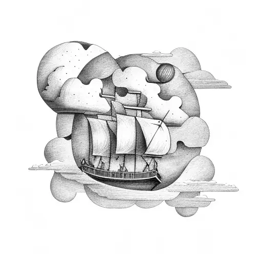 A Surreal Scene Of A Pirate Ship Floating In The Sky Amidst Clouds Shaped Like Maps