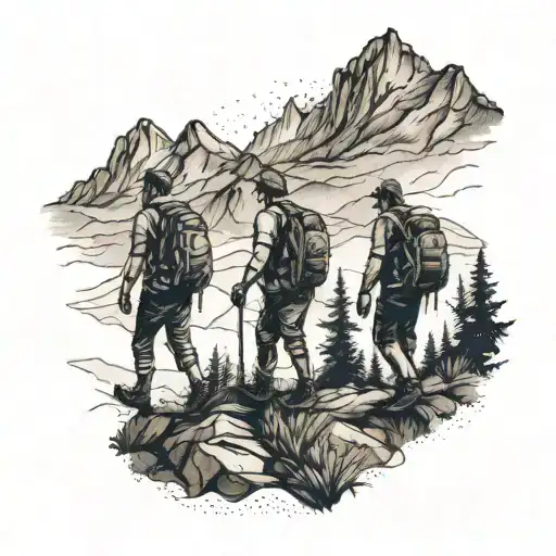 A Tattoo Design Of A Group Of Friends Hiking Together With A Subtle Mountain Range In The Background
