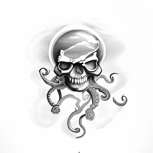 Old Skull Tattoo Ship Octopus Waves And Lighthouse
