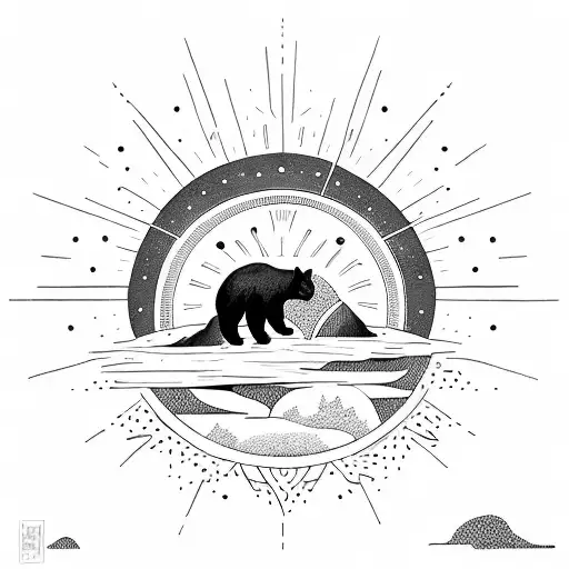 A Bright Sun With A Black Bear Silhouette Climbing A Mountain Inside