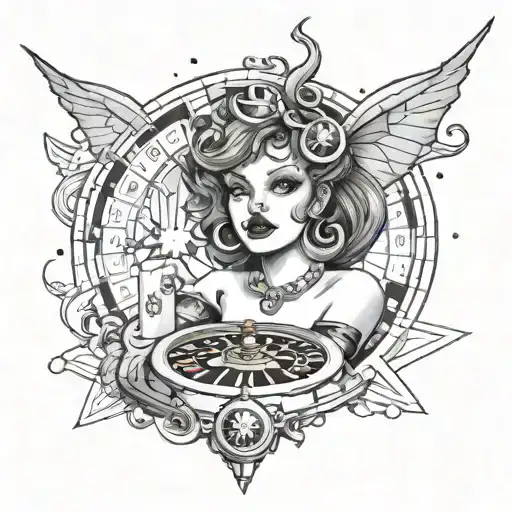 A Seductive Devil Woman With Dice For Eyes And A Roulette Wheel For A Halo